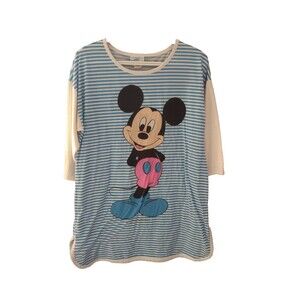 Vintage Women's Blue & White Striped Mickey Mouse Night Shirt One Size